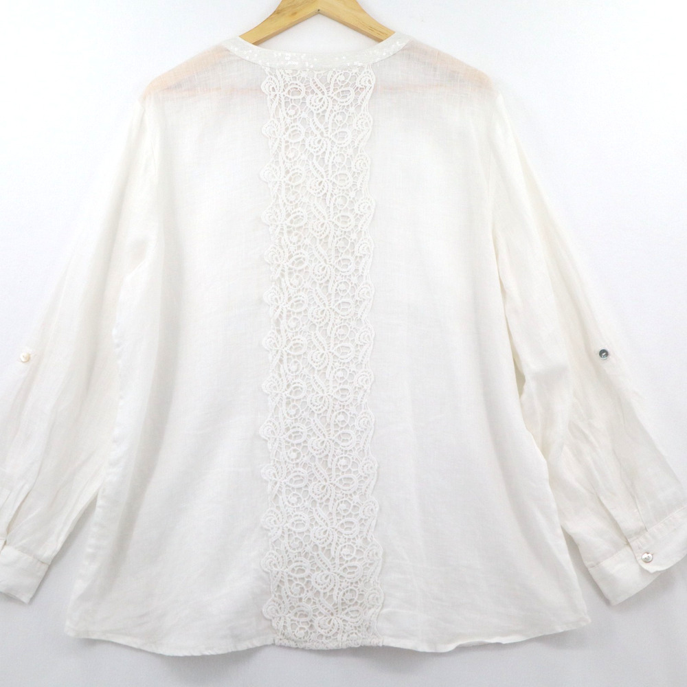 CHICOS Sz 3 (US XL) White Linen Tunic Top Lace Sequin Long Sleeve Coverup Womens